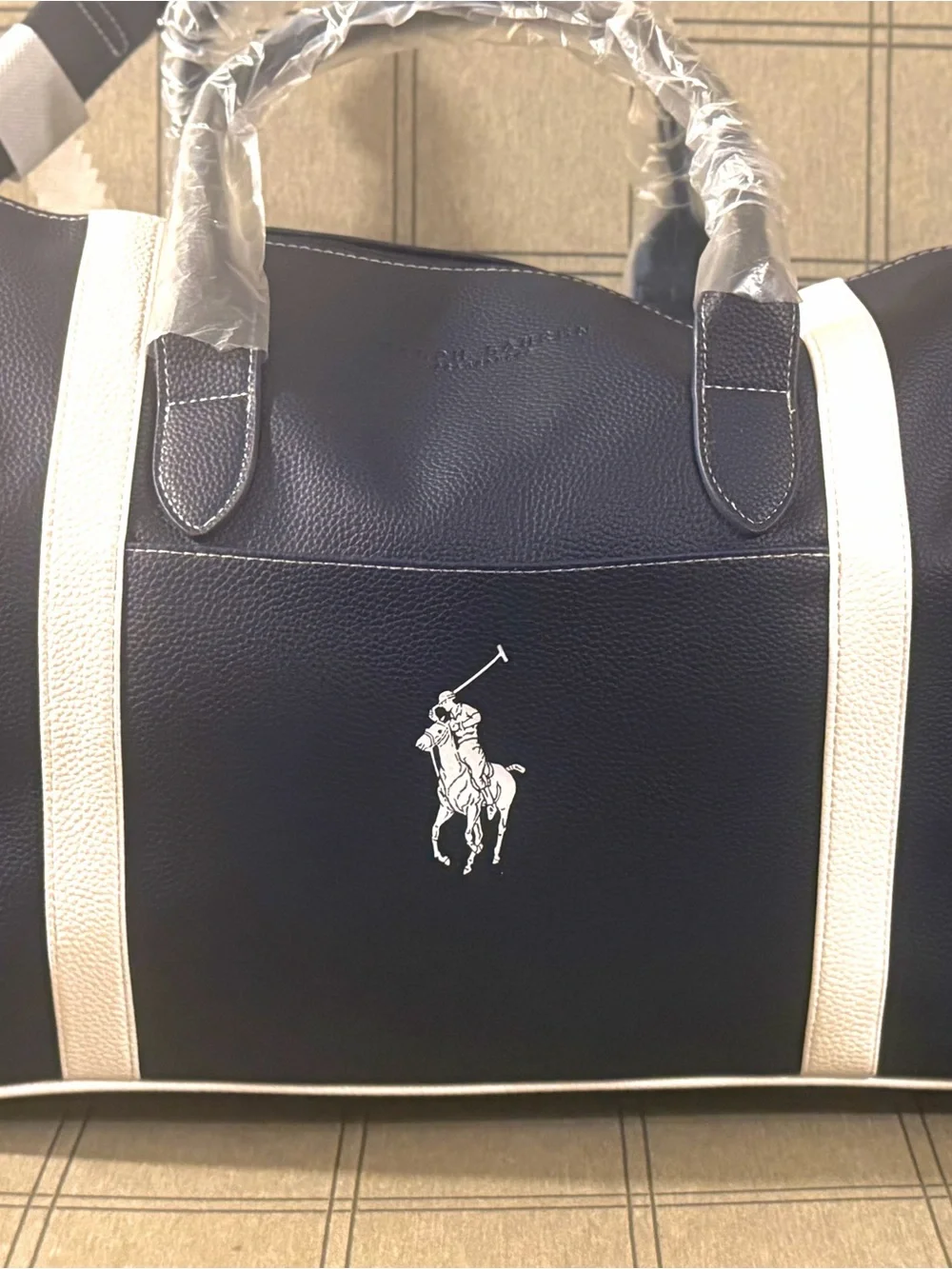 Classic !Ralph Lauren Navy and White Polo Large Vegan Leather Duffel Bag